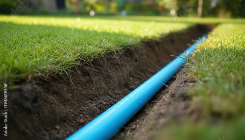 A bright blue water pipe is visible in a newly dug trench across a vibrant green lawn, ready for installation.