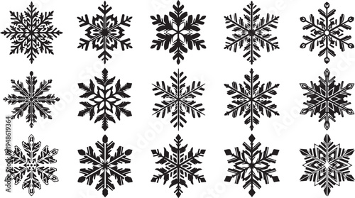 Collection of unique black snowflakes on white background illustration