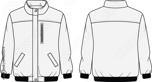 winter, jacket, front, and, back, view, fashion, flat, template, outerwear, apparel, clothing, mockup, vector, outline, design, zipper, pockets, garment, casual