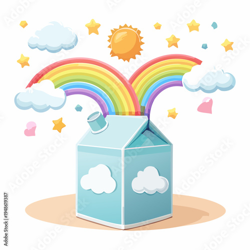 Whimsical cartoon-style milk carton spewing a vibrant rainbow and sun with stars and clouds, symbolizing imagination and delightful dreams