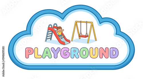 Playground sign with child playing on slide and swings
