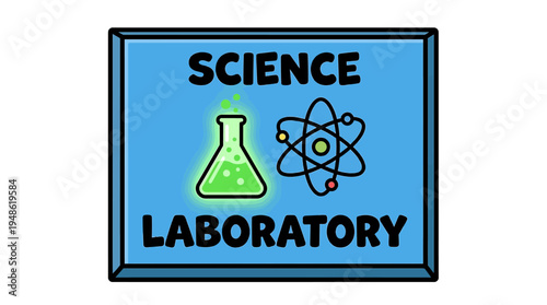 Science laboratory sign with a flask and atomic symbol
