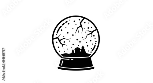 Broken Snow Globe Icon with Cracked Glass and Winter Scene Inside