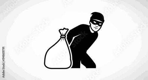 Burglar Icon Carrying Loot Bag, Silhouette of Thief in Mask with Stolen Goods