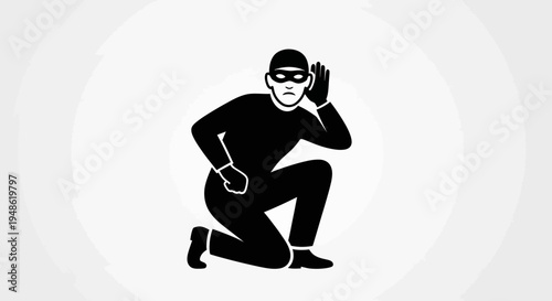 Burglar Listening Stealthily, Crouching with Hand to Ear, Espionage Concept