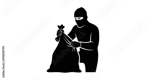 Burglar in mask with sack, stealing, crime, thief, robbery, illegal activity, danger, mystery