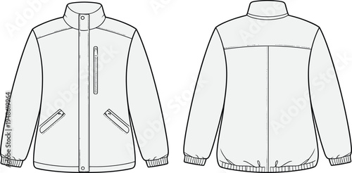 technical, jacket, front, and, back, view, fashion, flat, sketch, template, windbreaker, outerwear, apparel, design, mockup, isolated, vector, outline, clothing, garment