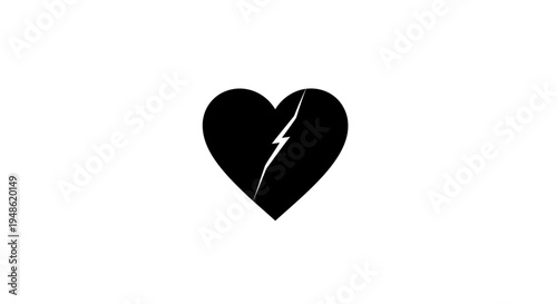 Broken Heart Symbol, Black Silhouette on White Background, Concept of Sadness and Loss