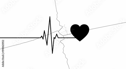 Broken Heartbeat EKG Line Cracks on White Background, Symbolizing Heartbreak
