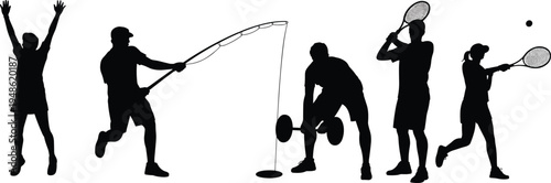 sports silhouette collection, athlete action poses, fishing activity, gym weightlifting workout, tennis player swing, active lifestyle concept, isolated black silhouettes