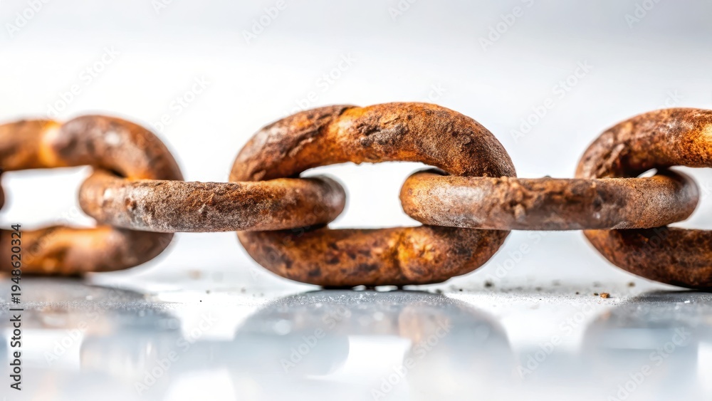 Fototapeta premium A photo of an old rusty chain breaking under pressure on a white background