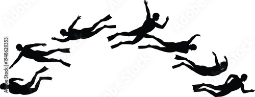 skydiving silhouette sequence, skydiver freefall action poses, extreme air sport concept, parachute jump motion, isolated black silhouettes