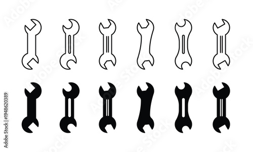 Wrench Spanner Stroke Variations: Thin Thick Outline Filled Black Set