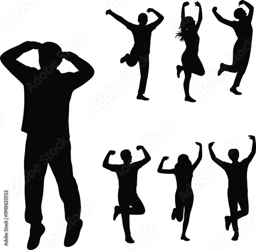 Silhouette, happy people jumping, celebration, teamwork success, excited group, dancing figures, energy, freedom, achievement, party mood, black silhouettes, joy concept