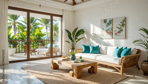 Bright and airy living room with a view of palm trees and a tropical garden.