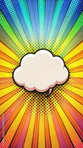 A realistic photo of Speech bubble with colorful rays and cloud on abstract halftone comic background design