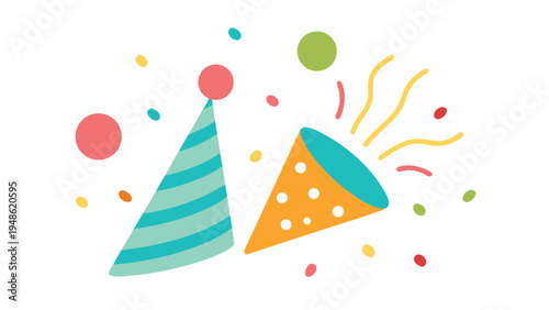 Two hand drawn party hats in teal and orange surrounded by multi colored confetti and wavy streamers over a plain white background.