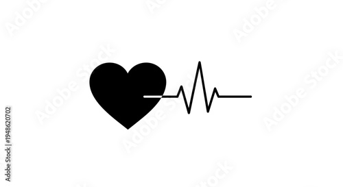 Black heart symbol with electrocardiogram line, representing life, health, and heartbeat