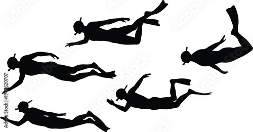 scuba diver silhouette set, underwater snorkeling swimming poses, ocean diving sport activity, aquatic adventure lifestyle concept, isolated black silhouettes