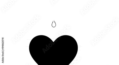 Black Heart with Droplet Falling, Symbolizing Sadness, Pain, or Loss