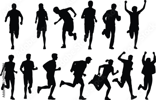 Running people silhouettes, jogging men and women, active lifestyle concept, fitness runners collection, marathon training, sport activity, energy motion silhouettes