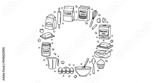 Hand drawn baking mixes doodle icons with cake mix flour whisk and kitchen baking ingredients vector set