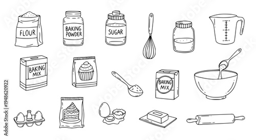 Hand drawn baking mixes doodle icons with cake mix flour whisk and kitchen baking ingredients vector set