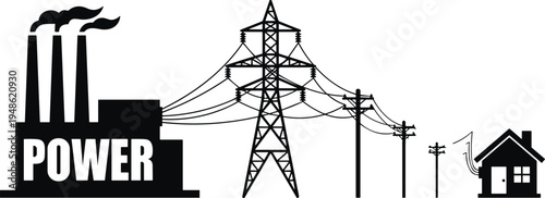 Power plant to house electricity transmission silhouette, electric tower and power lines energy distribution vector illustration isolated background