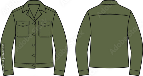 military, style, jacket, front, and, back, view, fashion, flat, template, apparel, clothing, mockup, vector, outline, design, pockets, button, garment, outerwear