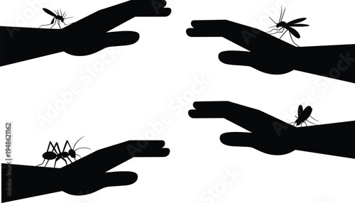 mosquito insect silhouette set, mosquito bite on human hand, disease risk concept, pest control awareness, isolated black silhouettes