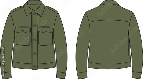 military, field, jacket, front, and, back, view, fashion, flat, template, apparel, clothing, mockup, vector, outline, design, button, pockets, garment, outerwear