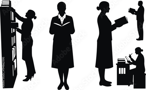 Librarian and reader silhouettes collection, people reading books, library study concept, education knowledge lifestyle, literature learning illustration set