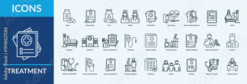 Treatment - Icon Collection. Thin Outline Set contains such Icons as drug, medication, pills and more. Simple web icons set