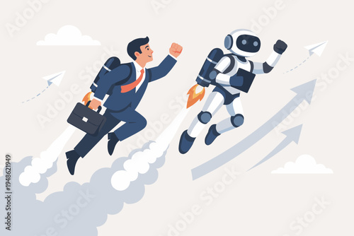 Businessman and AI Robot Flying Together with Jetpacks Towards Success, Representing Future of Work, Human-Robot Collaboration, Business Growth, Innovation, and Technological Advancement Concept