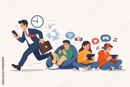 Busy businessman in suit running with briefcase and phone contrasted with relaxed young people sitting and using digital gadgets like tablets and smartphones for gaming and social media apps.