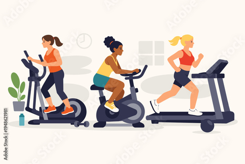 Diverse Group of Women Exercising on Cardio Equipment in a Modern Fitness Center, Female Athletes Working Out on Elliptical Trainer, Stationary Bike, and Treadmill, Healthy Lifestyle Vector Art