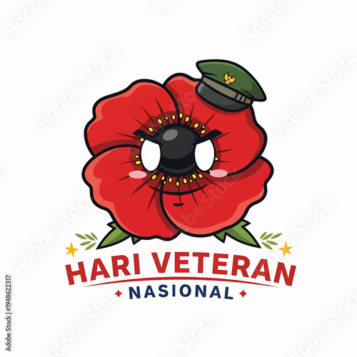 Red Poppy with military hat National Veterans Day emblem