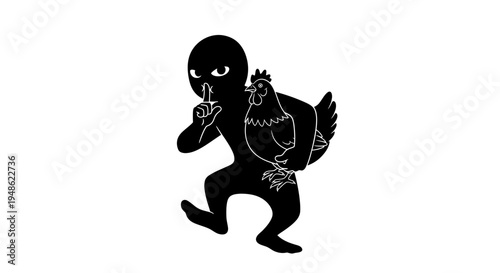 Stealthy thief stealing a chicken, silent crime, dark figure with mask and chicken