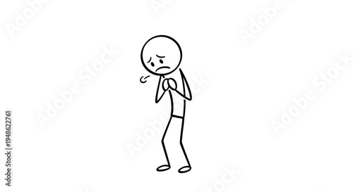 Stick figure with worried expression, holding chest, isolated on white background