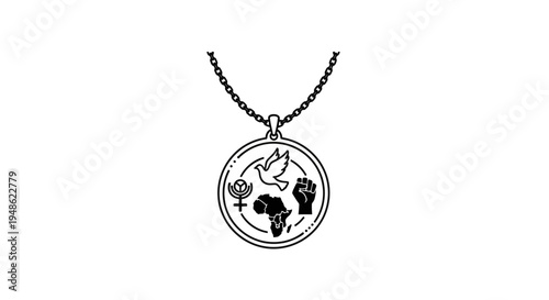 Symbolic Necklace: Peace Dove, Africa Map, Fist, Female Symbol, Empowerment