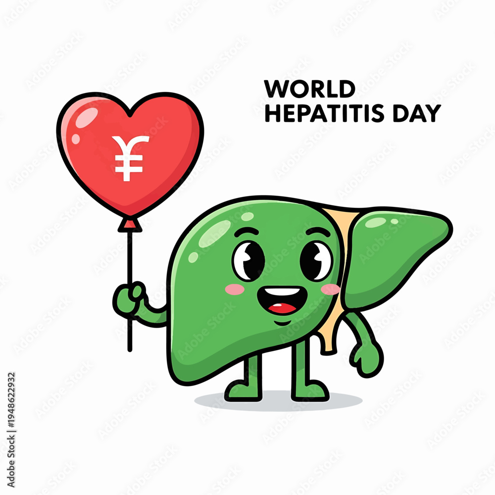 Obraz premium Happy Liver Character Holding Heart Balloon for World Hepatitis Day