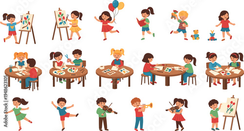 Creative kids activities, children painting drawing reading playing music, learning art education, happy childhood hobby, cartoon vector illustration set