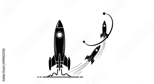 Rocket Launch and Space Exploration Concept, Black and White Illustration