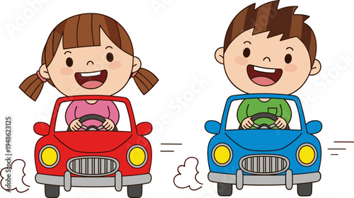 Cute kids driving cartoon cars, happy children playing transportation game, childhood imagination, colorful vehicle vector illustration setCute kids driving cartoo