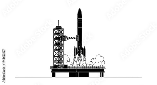 Rocket Launching from Pad, Space Exploration, Blast Off, Ignition, Smoke and Fire