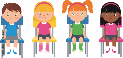 Diverse kids sitting on chairs, multicultural children characters smiling, kindergarten students portrait, education concept, flat cartoon vector illustration