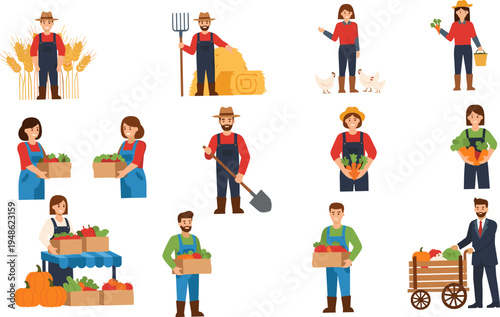 Farmers harvesting vegetables, agriculture workers with fresh organic produce, rural farming lifestyle, market harvest collection, flat vector illustration set