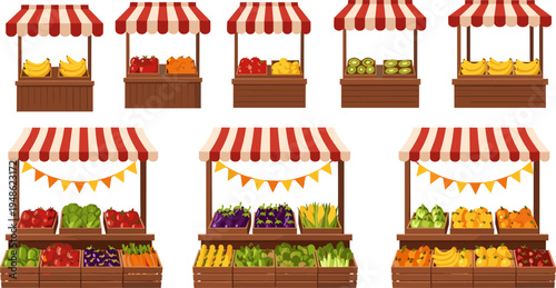 Farmers market stalls set, fruit vegetable street market stands, fresh organic produce kiosks, outdoor food market illustration vector