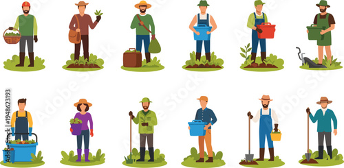 Farmers working in agriculture, harvesting vegetables planting crops gardening tools rural farming lifestyle, flat cartoon vector illustration set