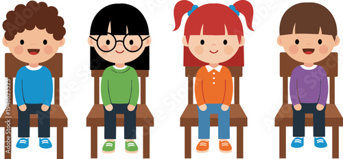 Cute children sitting on chairs, happy kids characters smiling, kindergarten students portrait collection, flat cartoon vector illustration set